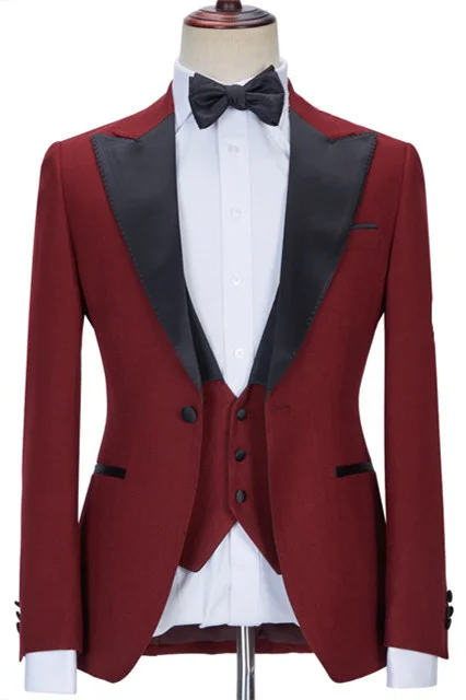 Red Peaked Lapel Business Evening Suits For Men With Three Pieces