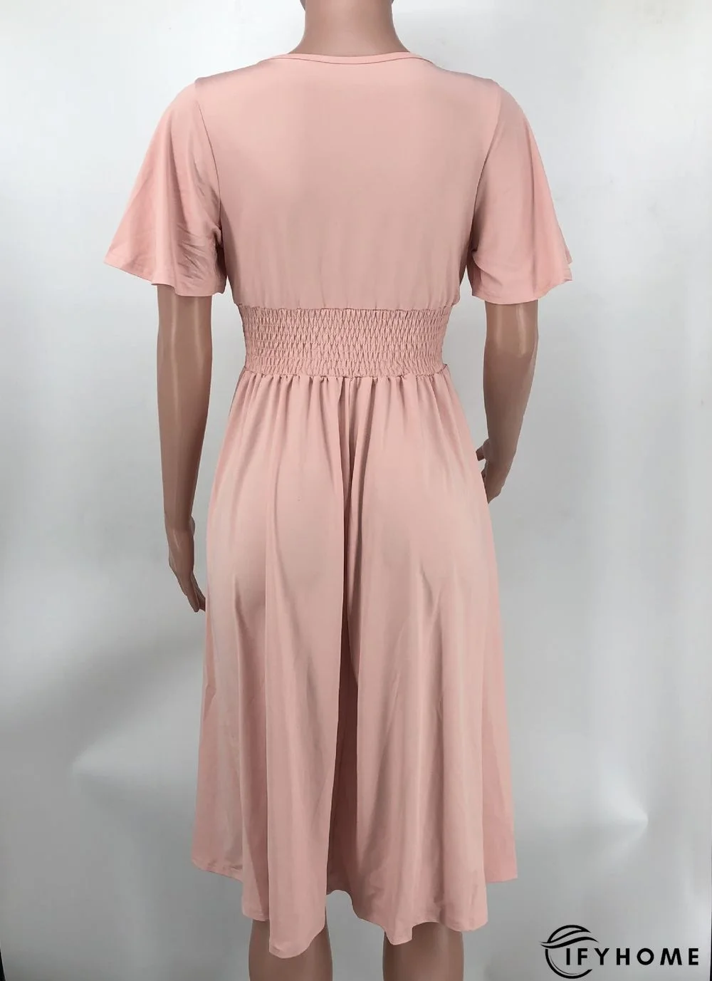 Fashion Solid Color V-neck Short-sleeved Waist Pleated Dress | IFYHOME