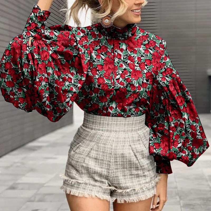 Celmia Elegant Lantern Sleeve Shirts 2022 Summer Women Fashion Stand Collar Floral Printed Bohemian Blusas Casual Tops OL Tunic