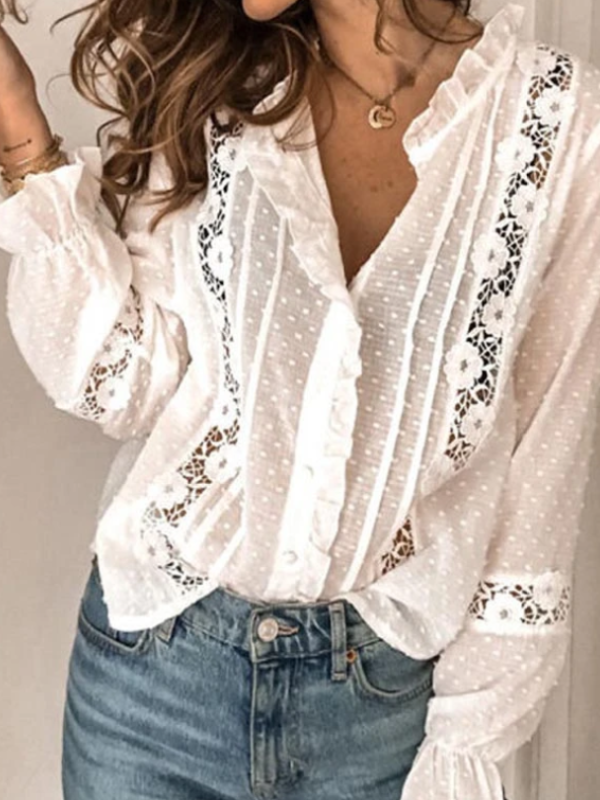 Women Elegant Floral Lace Paneled Ruffled Buttoned Blouse