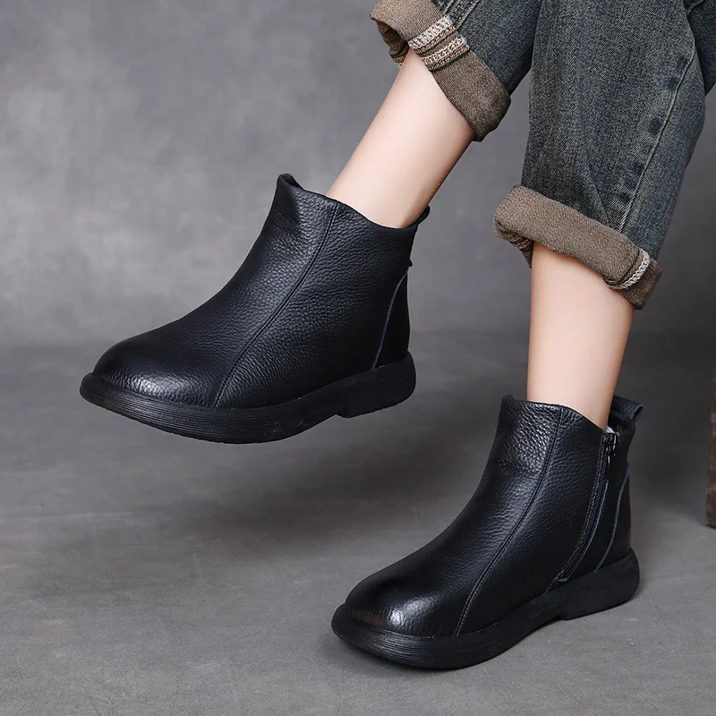 Yyvonne Layer Of Cowhide Wool Short Boots Women 2025 Autumn And Winter New With Cotton Boots Fashion Flat Bottom Soft Base Martin Boots