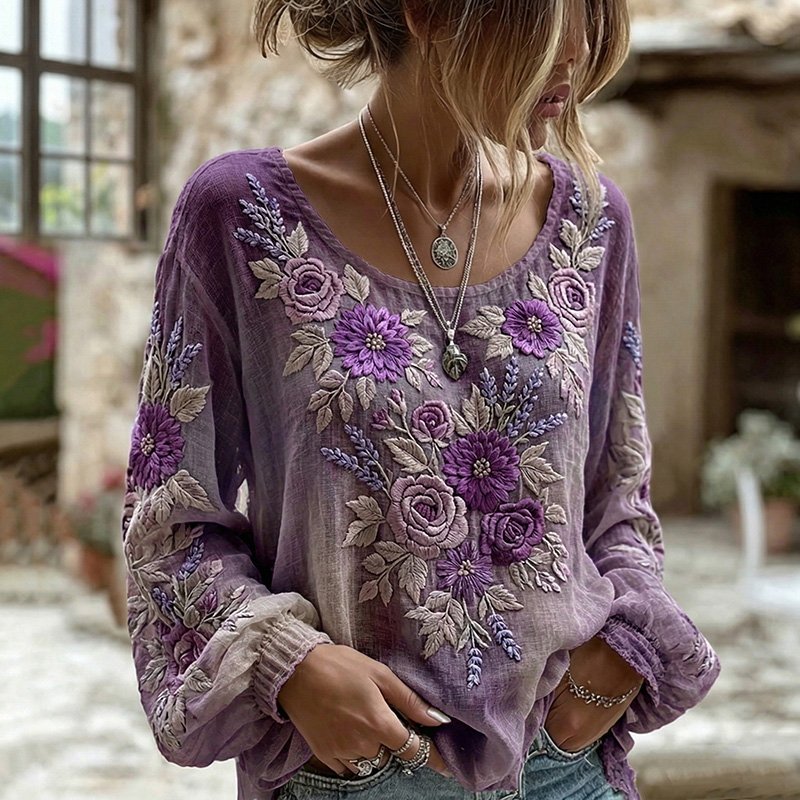 Women's Retro Floral Gradient Crew Neck Long Sleeve Linen Blend T-shirt elevenforest