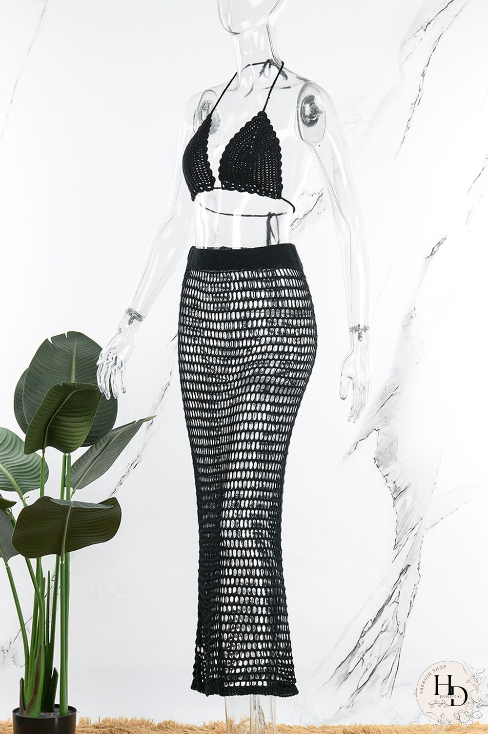 Tangerine Red Sexy Solid Hollowed Out Patchwork Halter Sleeveless Two Pieces