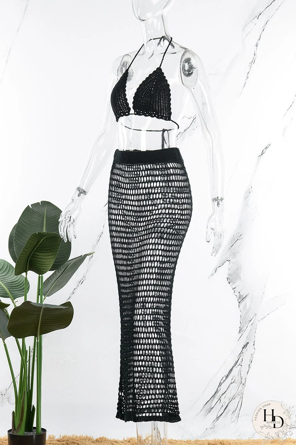 Tangerine Red Sexy Solid Hollowed Out Patchwork Halter Sleeveless Two Pieces