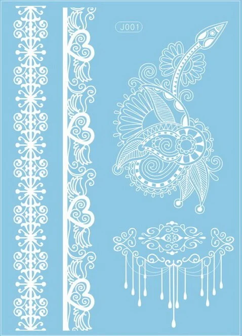 1sheet White Lace Henna Flash Tattoo Butterfly Feather Fake Temporary Tatoo Sticker Summer Style Body Art Beauty Jewelry J017