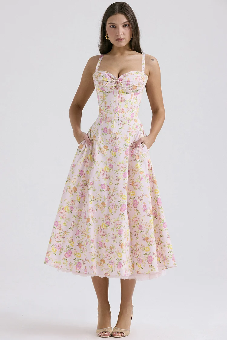 Semi Formal Pink Floral Print Ruched Lace Hem Midi Dress