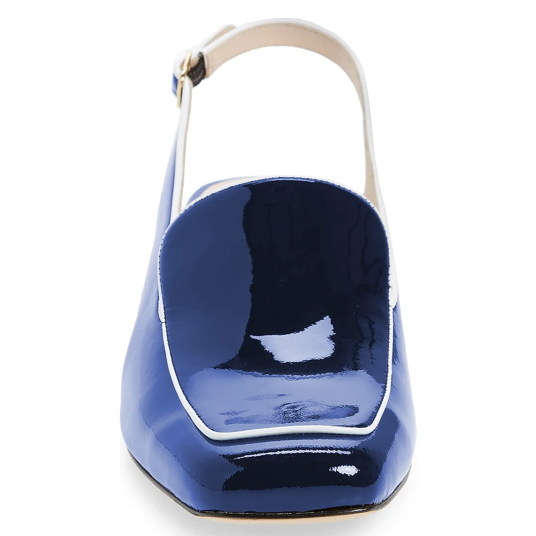 Blue Patent Leather Square Toe Slingback Loafers with Chunky Heels