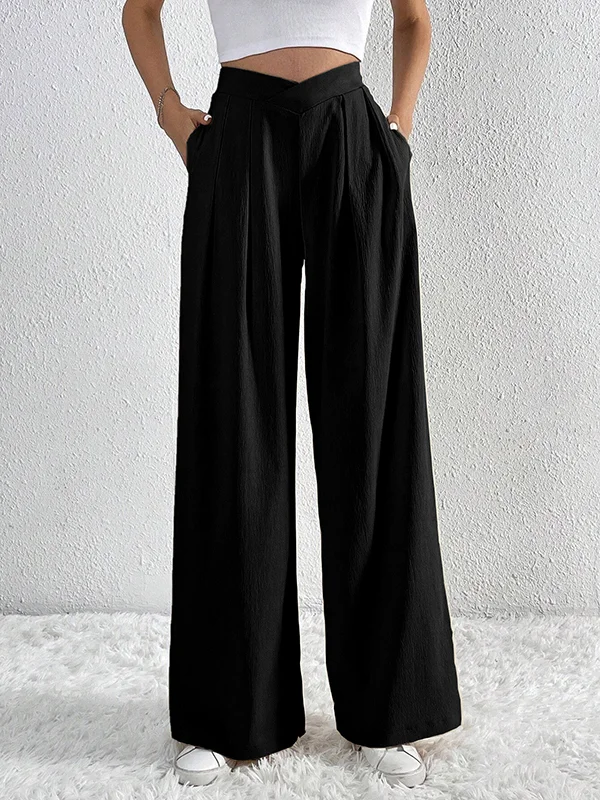 Loose Wide Leg Pleated Solid Color Pants Trousers