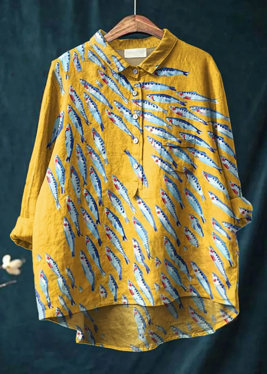 Women's Fish  Art Print Casual Cotton And Linen Shirt