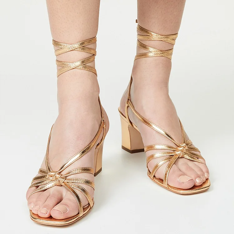Gold Square Toe Strappy Block Heel Sandals |FSJ Shoes