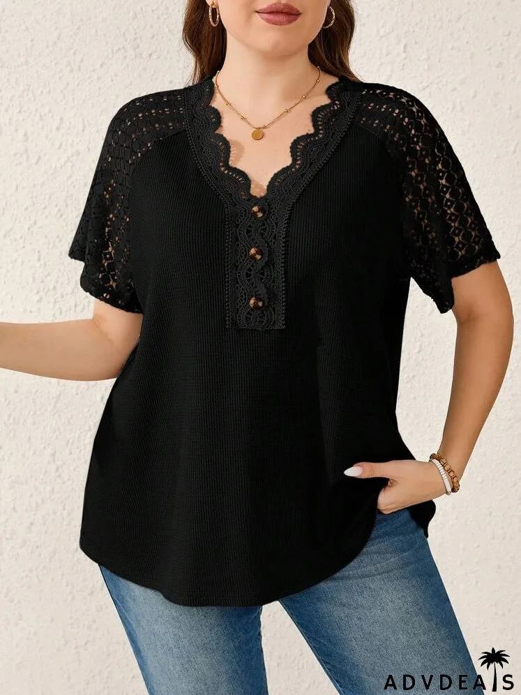 Plus Size Women Summer Splicing Lace Solid Color V-Neck Batwing Sleeves Casual T-Shirt