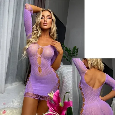 Hollow Out Long Sleeve Bandage Dress Women See-through Women Dress Streetwear Clubwear Party Queen Fishnet Beachwear Ds058