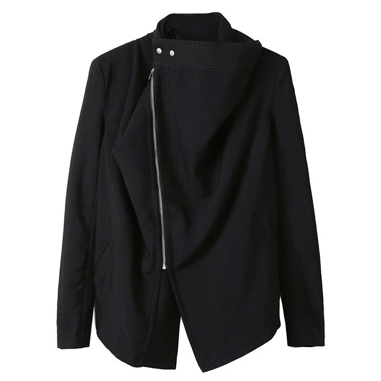 Punk Black Stand Collar Long Sleeve Zip-up Split Hem Long Sleeve Jacket