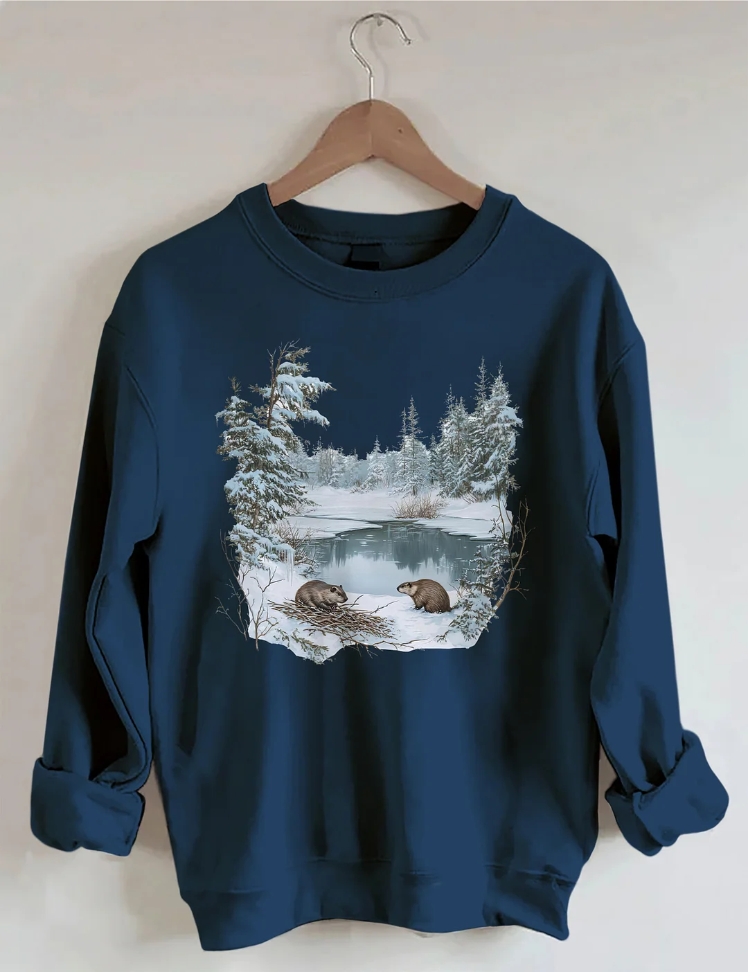 Beavers Winter Pond Snowy Scene Sweatshirt