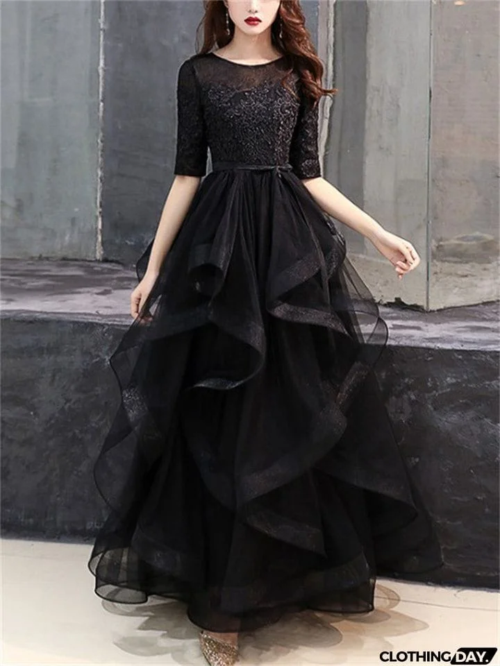 French Style Lace Half Sleeve Gorgeous Evening Dresses for Lady