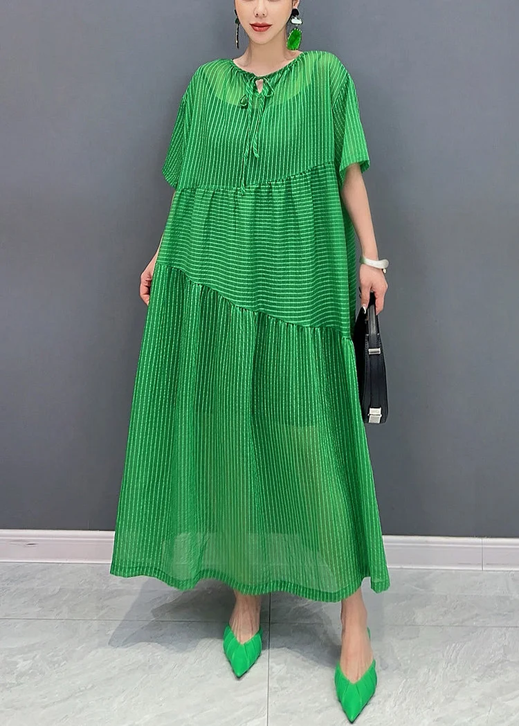 Green Striped Patchwork Cotton Long Dresses Pockets Short Sleeve