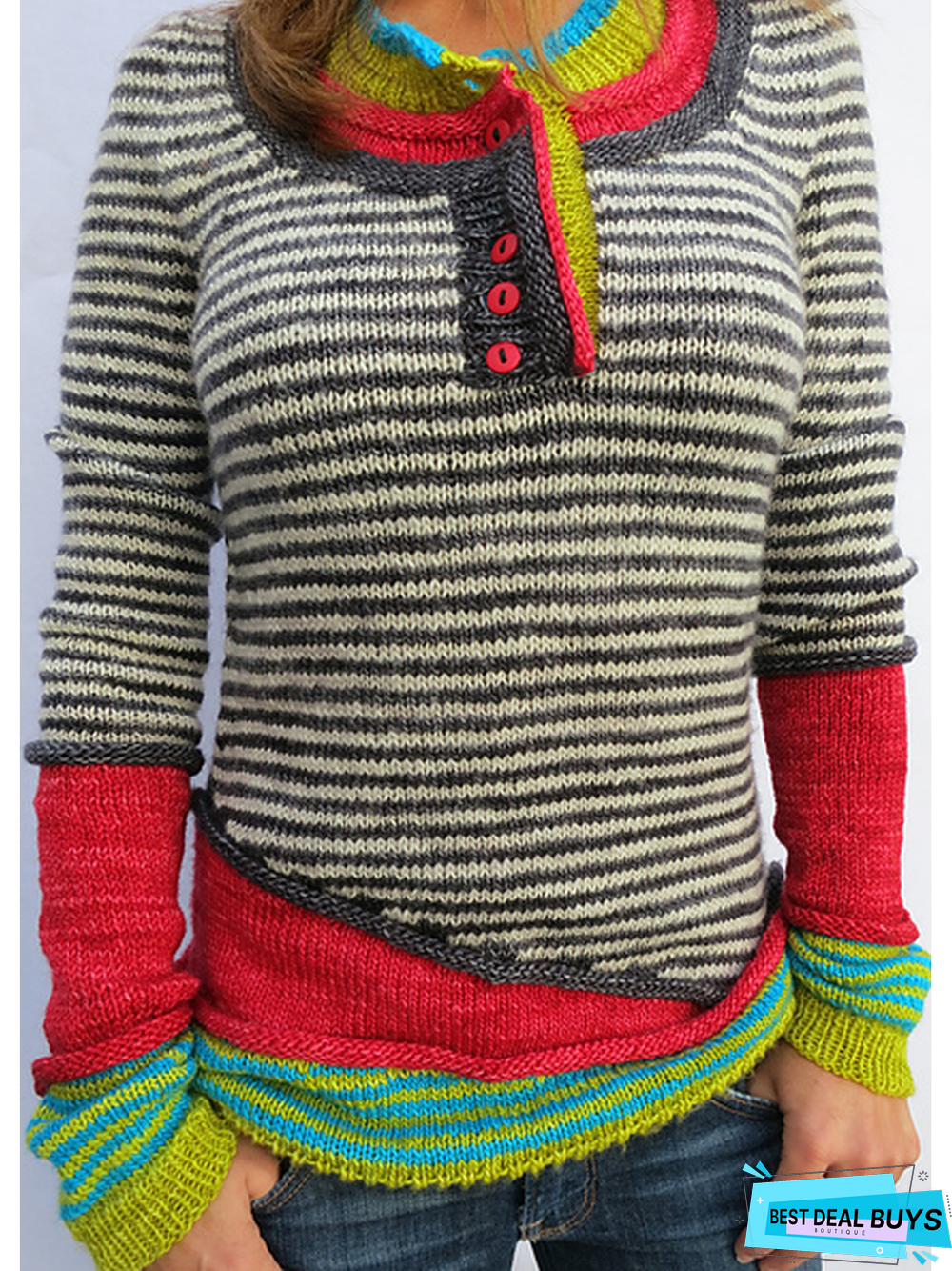 Red Wool Blend Long Sleeve Striped Paneled Sweater