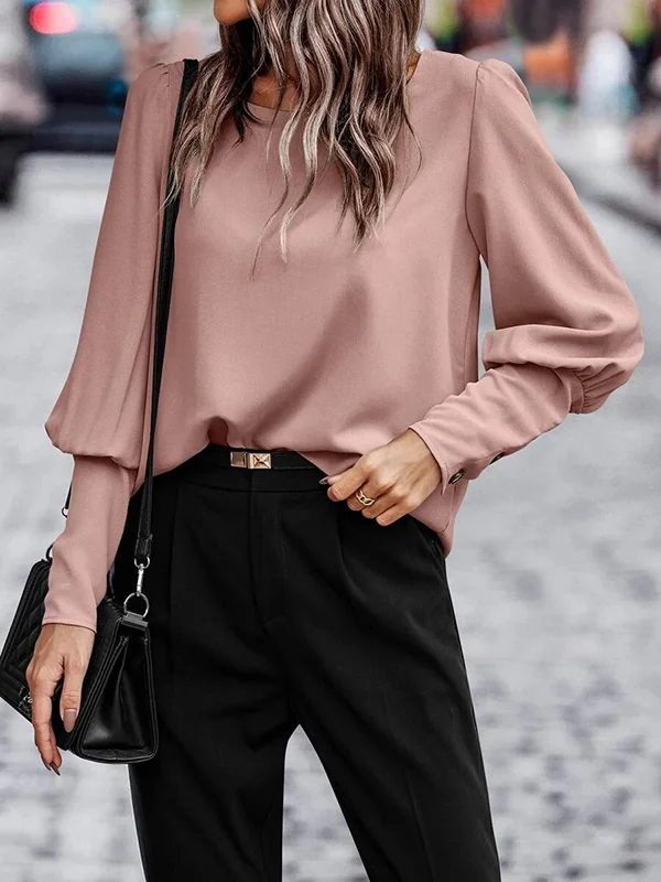 Buttoned Puff Sleeves Loose Round-neck Blouses&shirts Tops