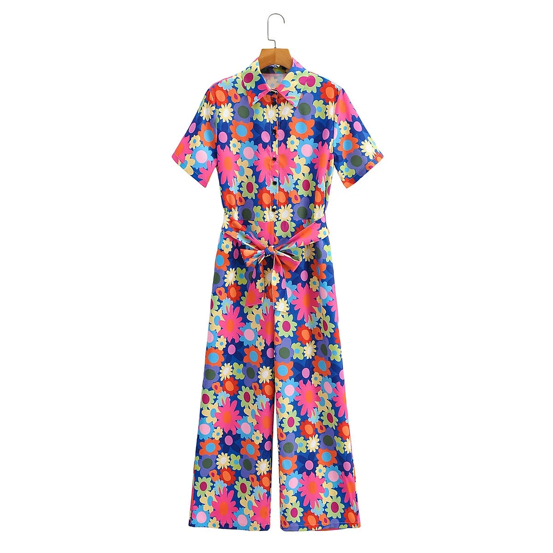 Sweet Lapel Short Sleeve Colorful Flowers Printed Women Jumpsuit Vintage with Belt Draw Back Chic Female Straight Jumpsuit