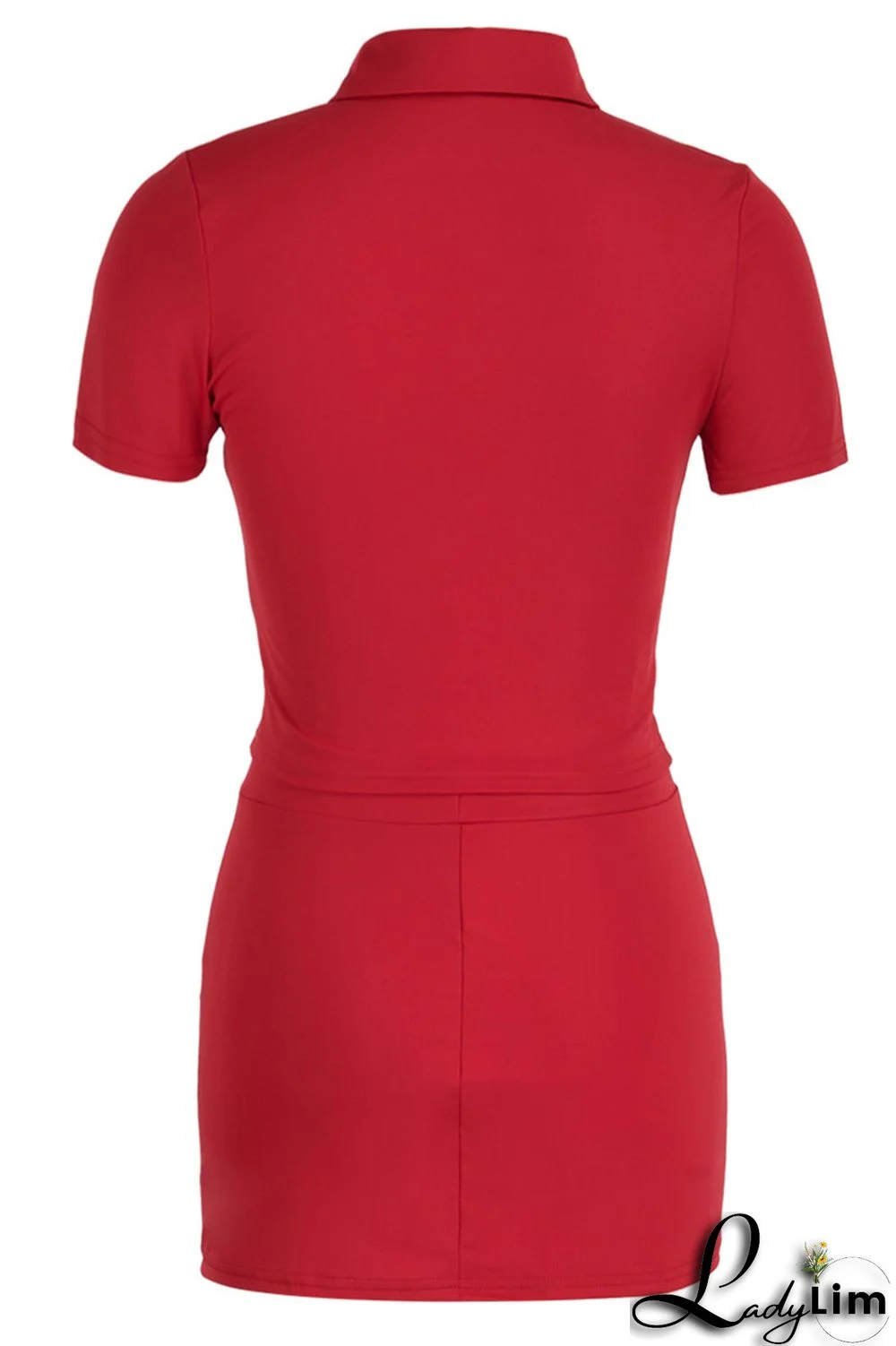 Red Sexy Solid Split Joint Buckle Turndown Collar Short Sleeve Two Pieces