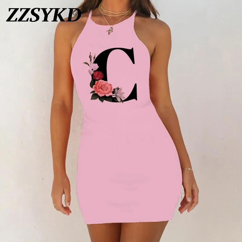 26 English Alphabet Print Summer Sexy Clothes Women Dresses 2020 Plus Size Dress Bodycon Evening Party O-Neck Pink Mini Vestidos