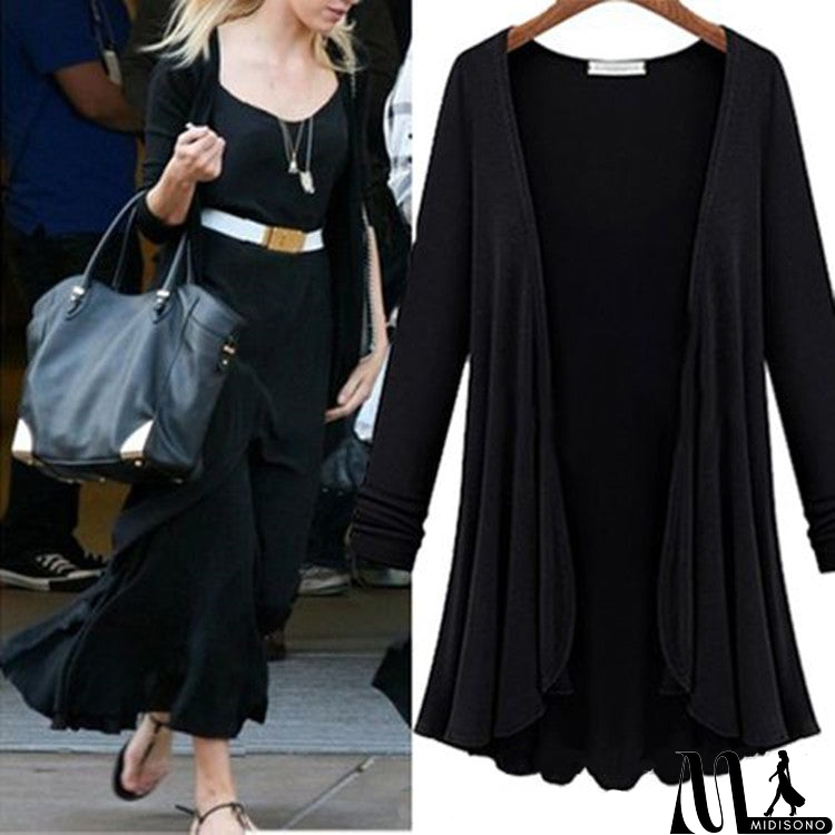 MidiSono - Long Sleeve Draped Open Front Cardigan Top