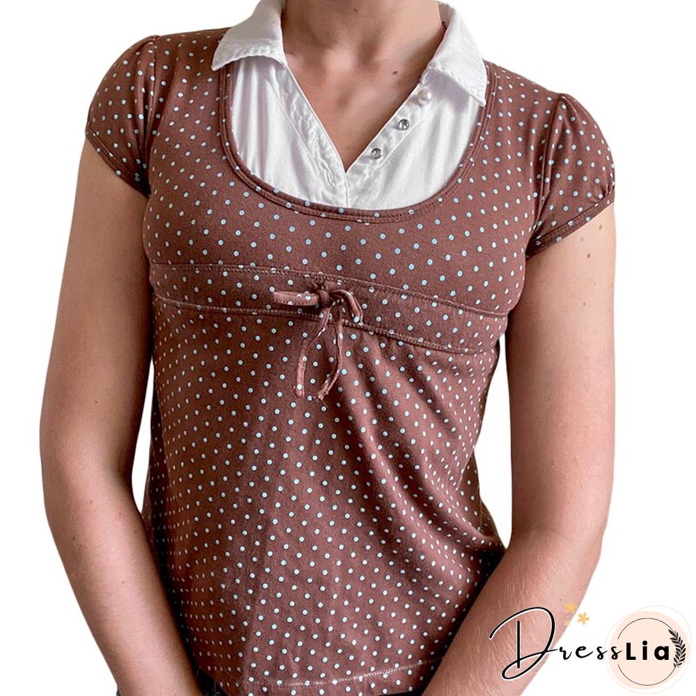 Y2k Polka Dot T Shirt Vintage Women Lapel Neck Short Sleeve Tie Up Tee Top Fairy Grunge Clothes E Girl Streetwear