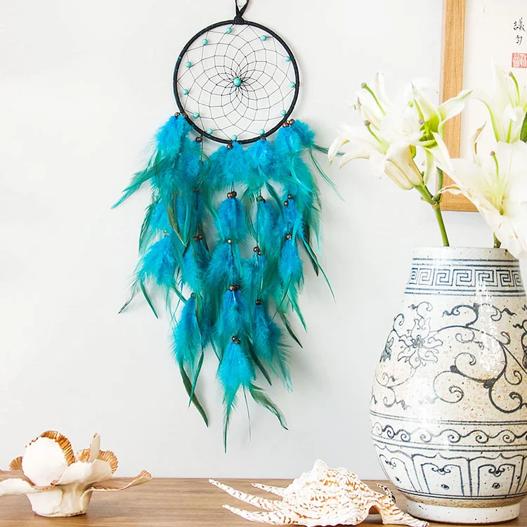 Olivenorma Turquoise Beaded Braided Floral Blue Feather Dream Catcher