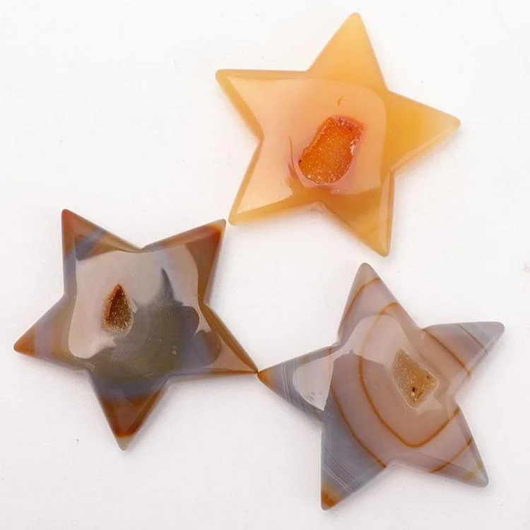 Set of 3 Druzy Agate Star Carvings