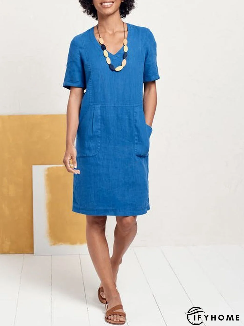 Solid Sweetheart Pockets Short Sleeve Dress | IFYHOME