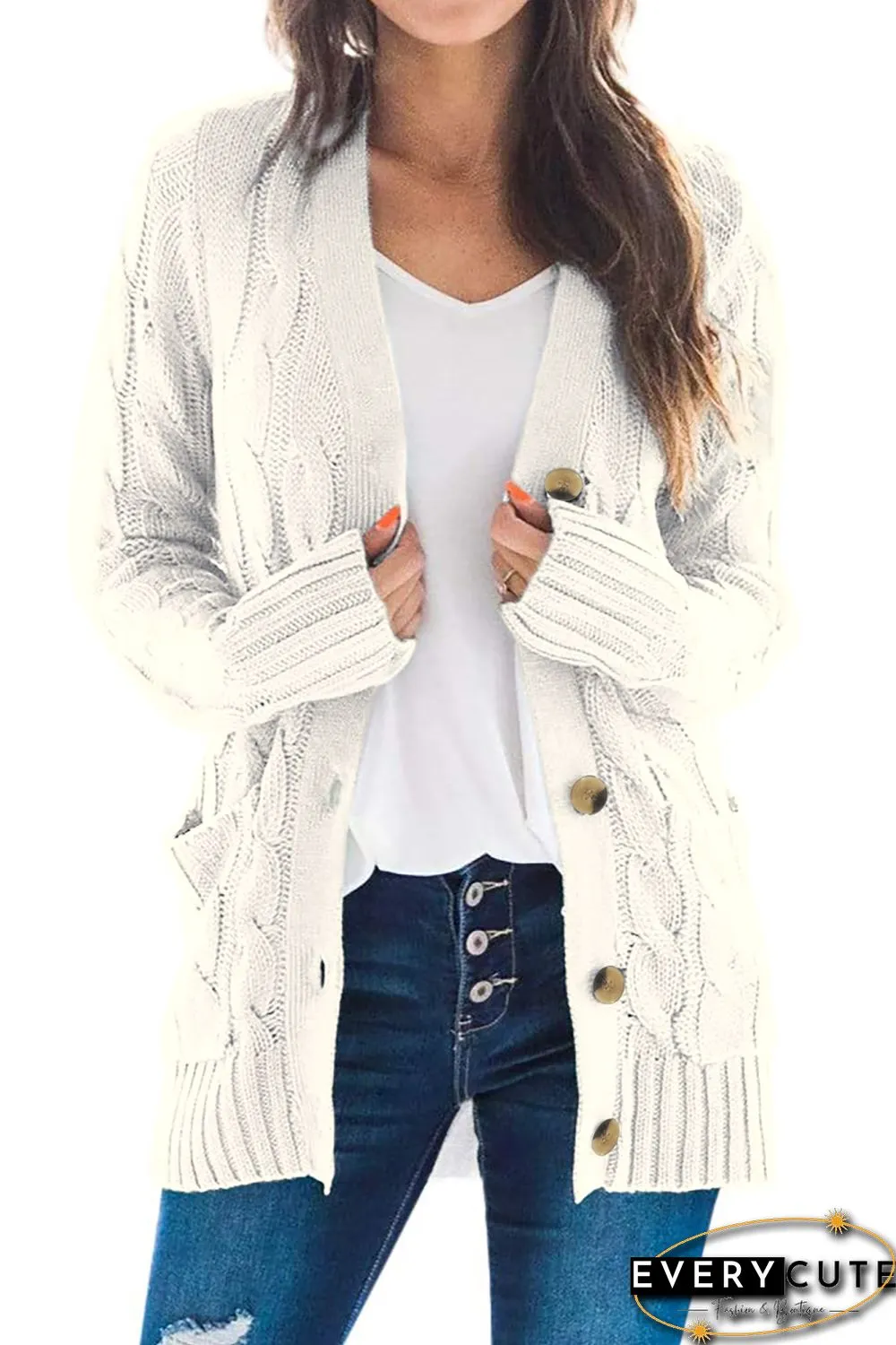 White Button Pocket Knit Cardigan