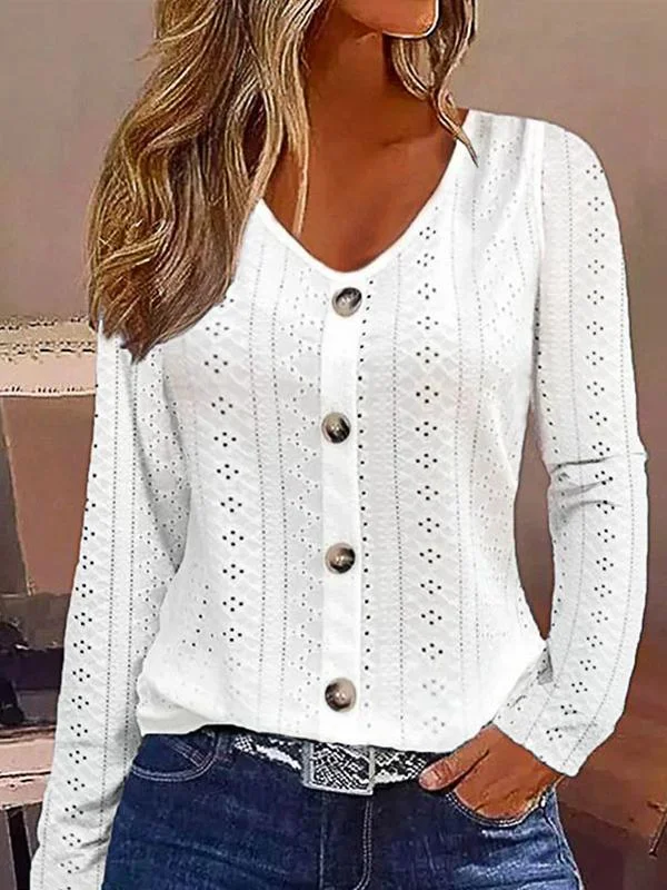 Jacquard V-neck Button-down Long-sleeved T-shirt Top