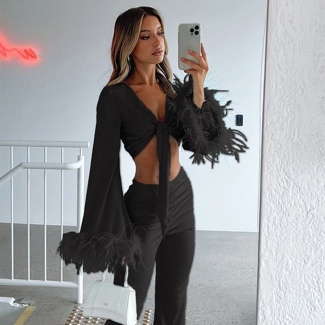 Two Piece Sets Women Feather Flare Long Sleeve Tie Up Crop Tops + High Waist Split Pants Fashion  Elegant Pant Suits Female