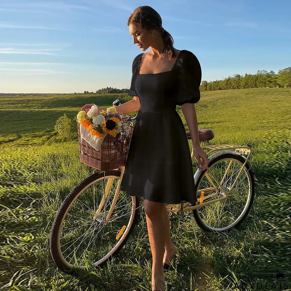 Spring Summer Solid Color Short Sleeve Square Neck Fairy Dress