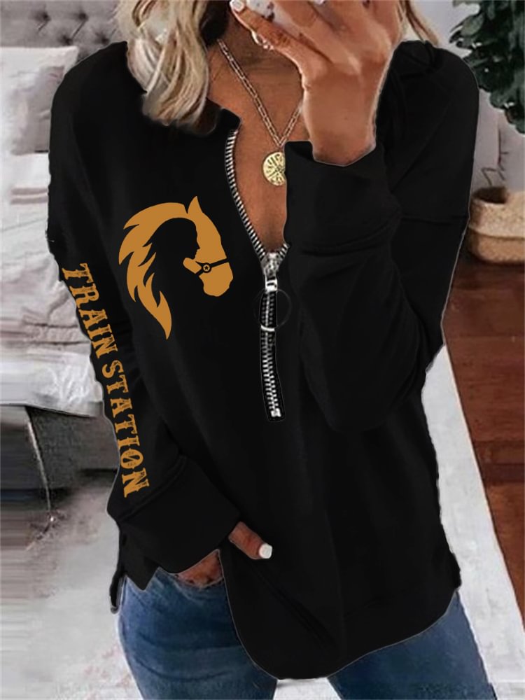 Western Cowgirl Vintage Letter Print Zip Sweatshirt