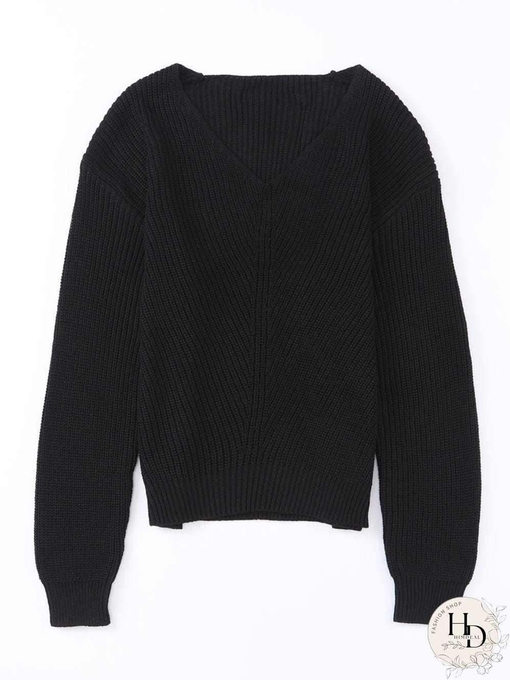 Elegant Black V-Neck Ribbed Knit Sweater