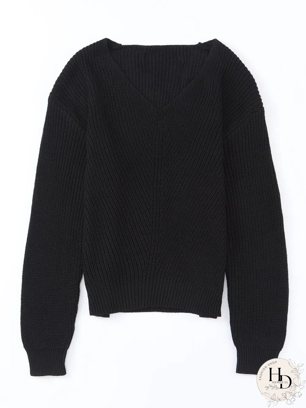Elegant Black V-Neck Ribbed Knit Sweater