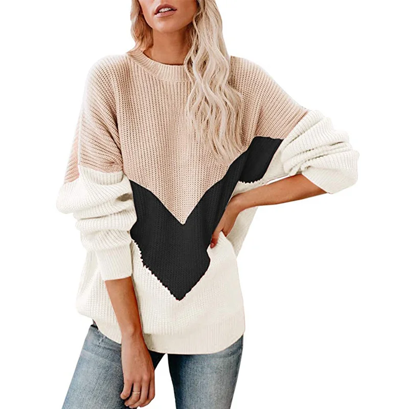 Uveng Uveng 2023 Ladies Splice Color Long Sleeved Round Neck Top Sweater Knit Jumper