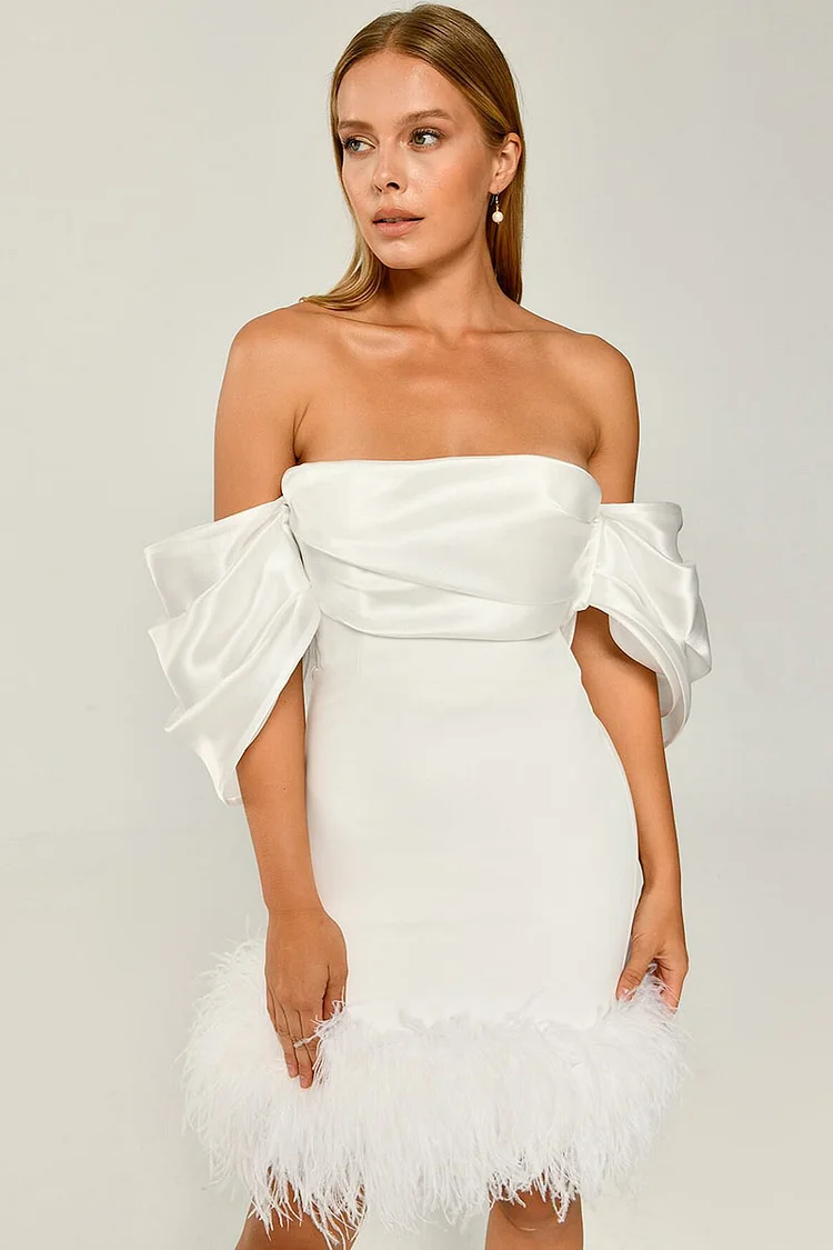 Off Shoulder Draped Feather Trim White Mini Dresses [Pre Order]