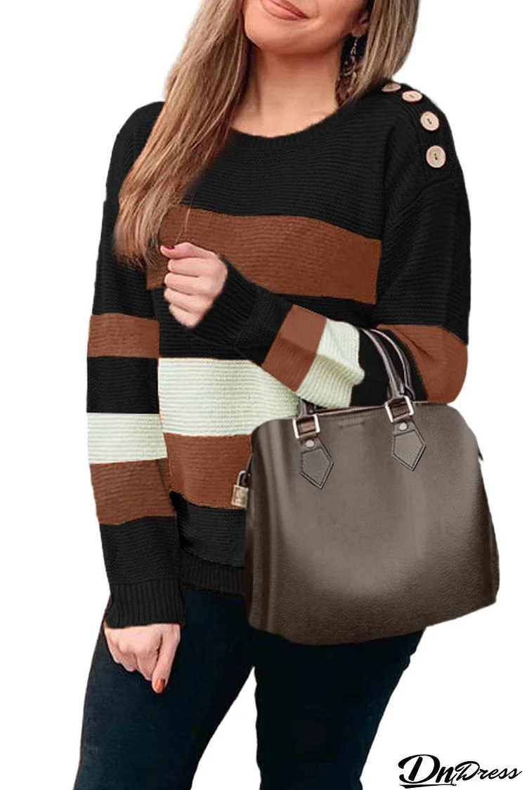 Button Detailed Color Block Knit Sweater