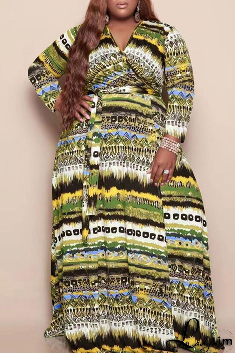 Yellow Casual Print Bandage Patchwork V Neck Long Sleeve Plus Size Dresses