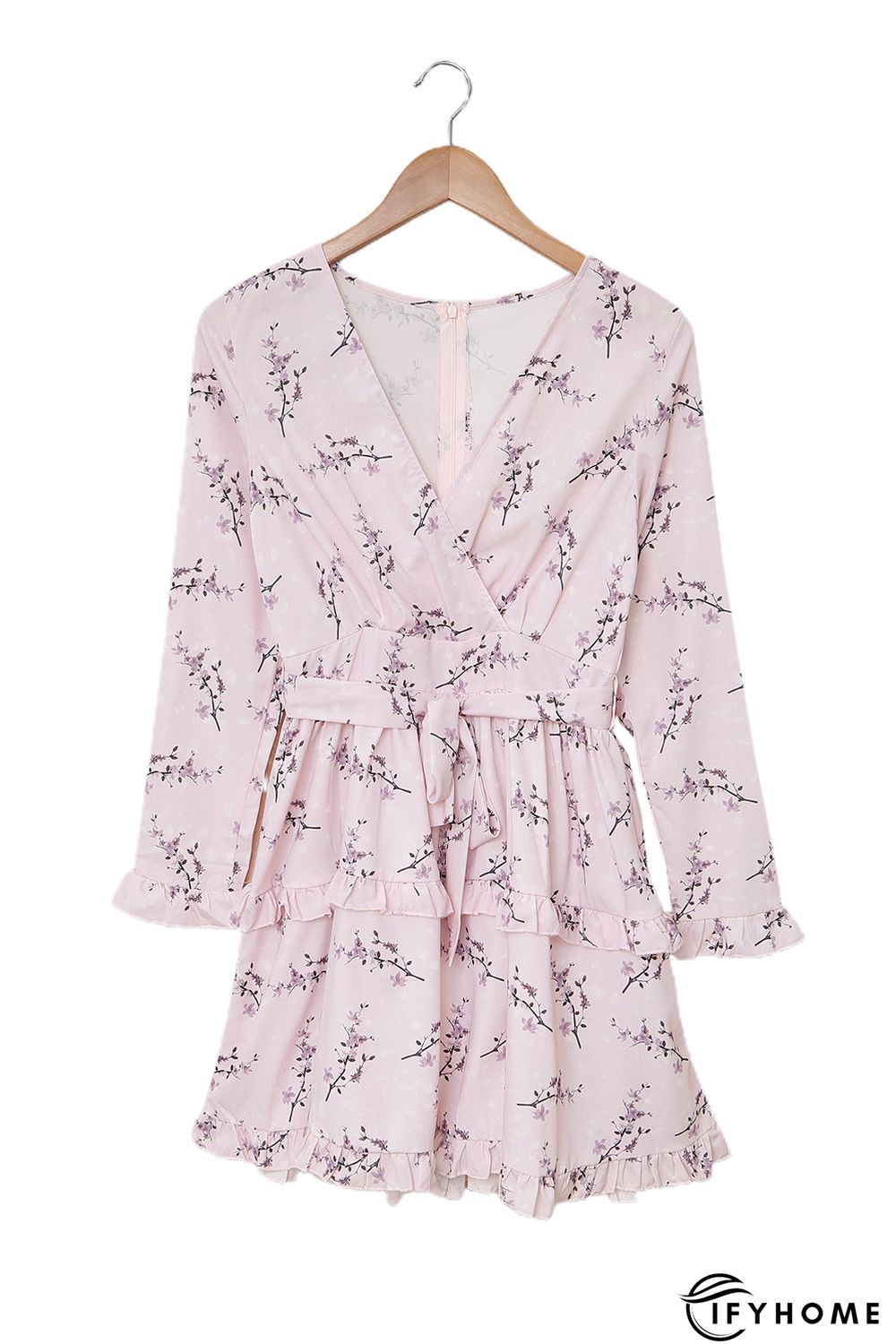 Pink Floral Print Ruffle Hemline Wrap Mini Dress | IFYHOME