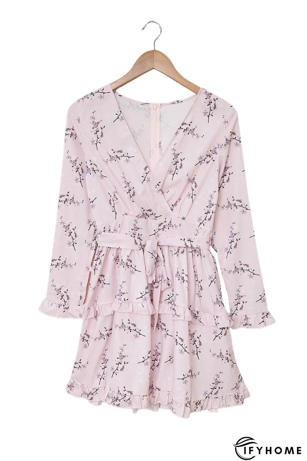 Pink Floral Print Ruffle Hemline Wrap Mini Dress | IFYHOME