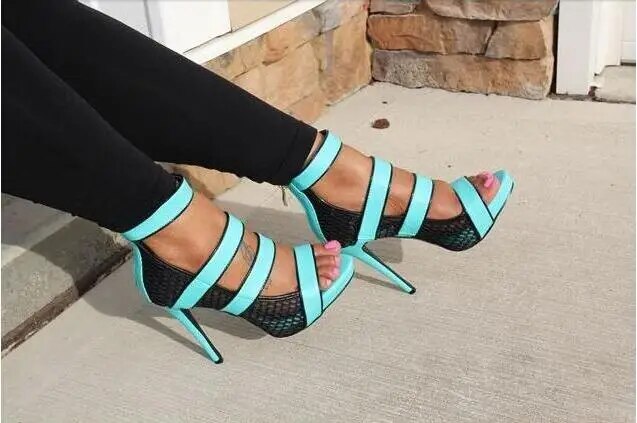 VCSHOES Neon Straps Women Cut Out Sandals Open Toe Ladies Mesh High Heels Stiletto Zipper Back Dress Shoes