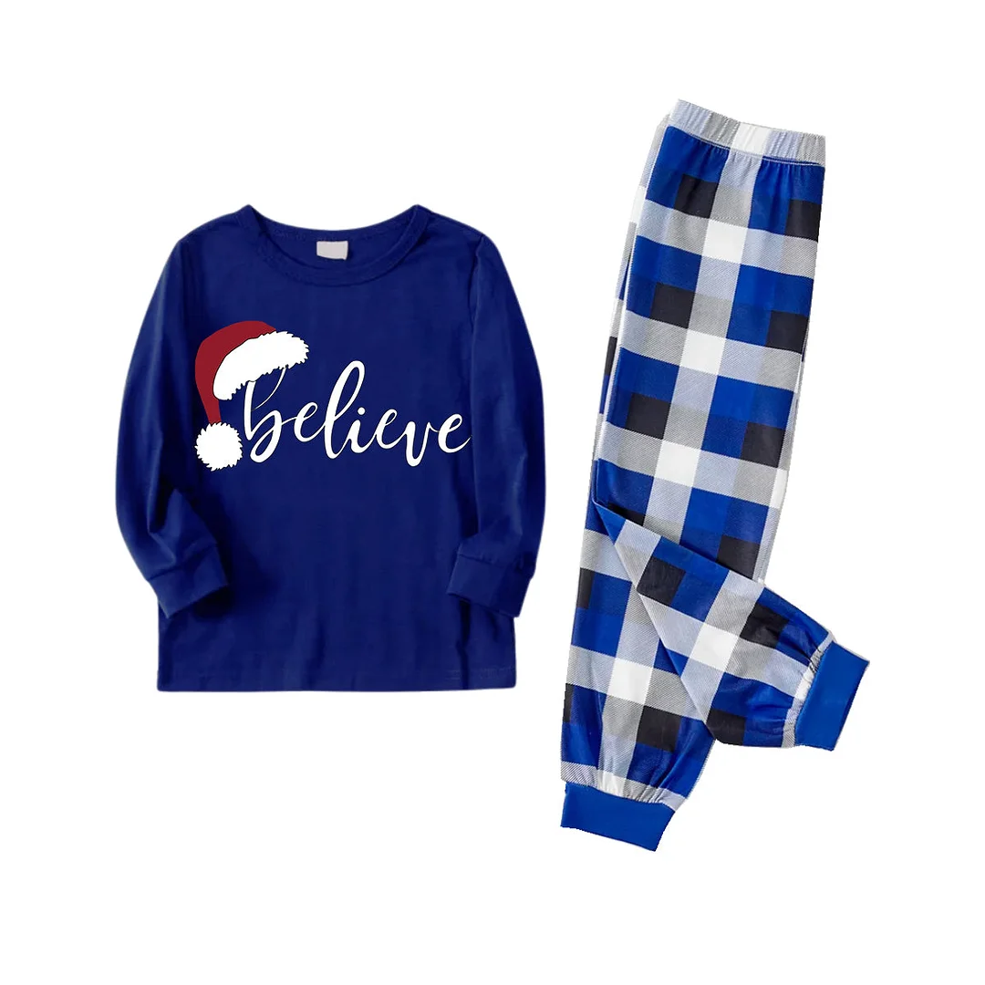 Stylish White Letter Print "Believe" 2024 Blue Long Sleeves with Blue&White&Black Plaid Pants Family Matching Pajamas