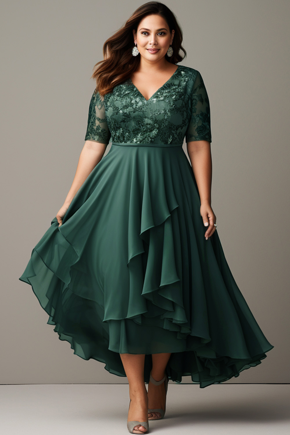 Flycurvy Plus Size Mother Of The Bride Gray Green Lace Asymmetrical Hem Overlay Tea-length Dress 2024 - Flycurvy 