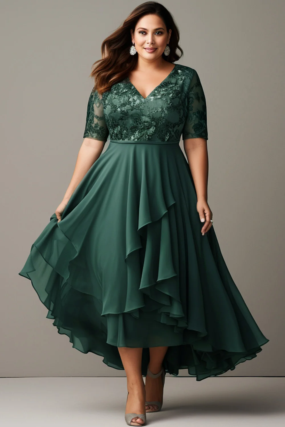 Flycurvy Plus Size Mother Of The Bride Gray Green Lace Asymmetrical Hem  Overlay Tea-length Dress- Flycurvy