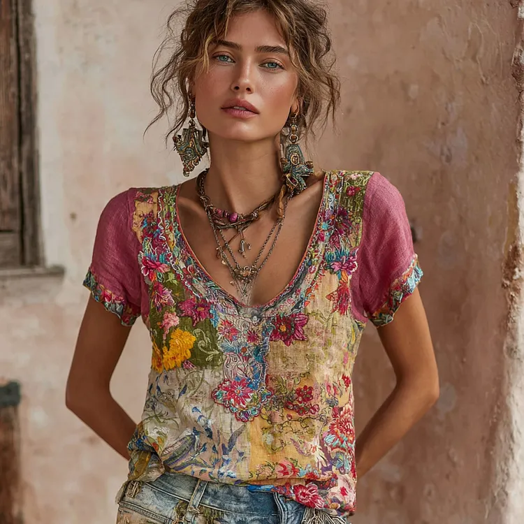 Women's Bohemian Floral Embroidery Patchwork Art Round Neck Short Sleeve Linen Blend T-shirt