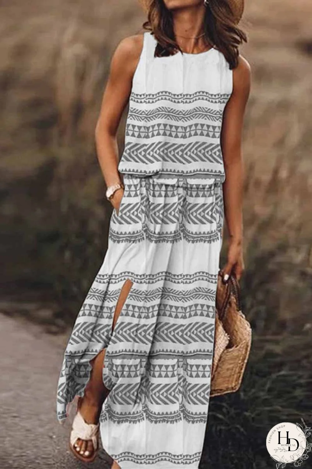 Printed Striped Maxi Dress With Pocket
