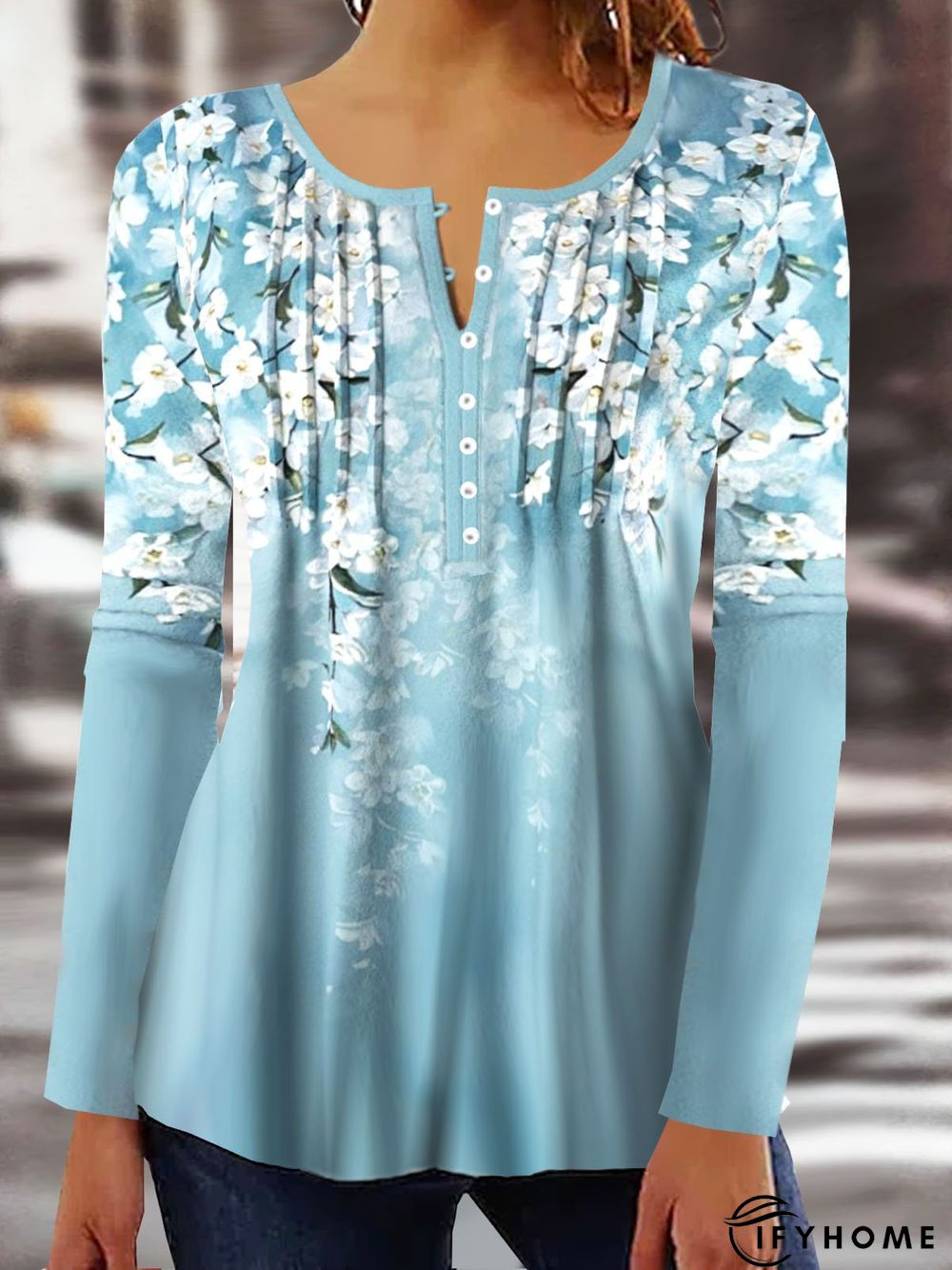 Buckle Casual Floral Printed Notched Tunic Top | IFYHOME